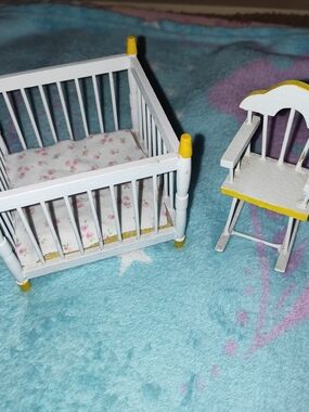 Doll House Nursery White and Yellow Playpen & Rocking Chair